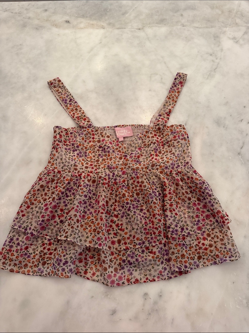 Sincerely Ours Cream Floral Tiered Top with Pink & Purple Accents